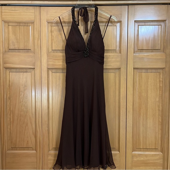 Cache’ Brown Silk Bejeweled Halter Dress Size 2 NWT - Picture 1 of 13